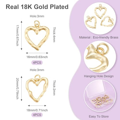 8Pcs 18K Gold Plated Heart Charms Golden Brass Heart Pendants Hollow Dangle Bezel Charms for DIY Earring Necklace Bracelet Jewelry Making Christmas Valentine
