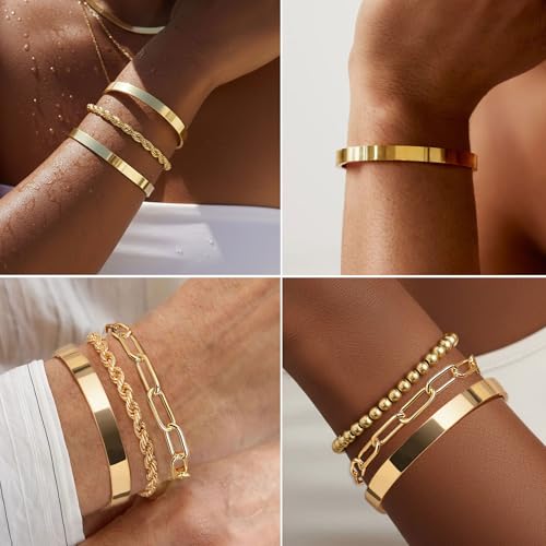 PLOMFOV Gold Bracelets for Women Stack Non Tarnish 14K Gold Plated Chunky Gold Bangles Bracelet Set Beaded Paperclip Chain Cuban Link Dainty Trendy Waterproof Stackable Cuff Bracelets Jewelry Gifts for Women - color: 5Pcs Gold-Band Set