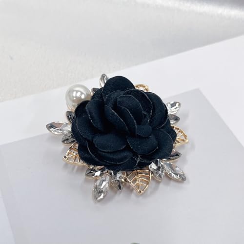 Elegant Rose Flower Brooch Pin for Women Men Wedding Party Gentleman's Essentials Handmade Imitation Crystal Pearl Fabric Flower Lapel Pin Dress Suit Accessories Boutonniere Ideas Gift - color: Black