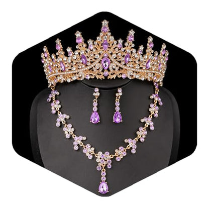Crystal Crown and Tiara Jewelry Set for Women Bride with Necklace Earrings | Metal Rhinestone Royal Queen Princess Jewelry Set Wedding Quinceanera Pageant Prom Birthday Halloween Party Costume Gift - color: Style E-Gold Purple