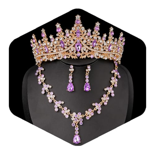 Crystal Crown and Tiara Jewelry Set for Women Bride with Necklace Earrings | Metal Rhinestone Royal Queen Princess Jewelry Set Wedding Quinceanera Pageant Prom Birthday Halloween Party Costume Gift - color: Style E-Gold Purple