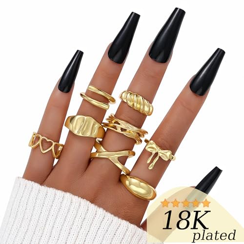 FAXHION 12PCS Gold Stackable Rings Set for Women, 18K Gold Plated Open Stacking Knuckle Ring, Adjustable Chunky Signet Band Statement Ring for Gift - color: 0-Gold Open