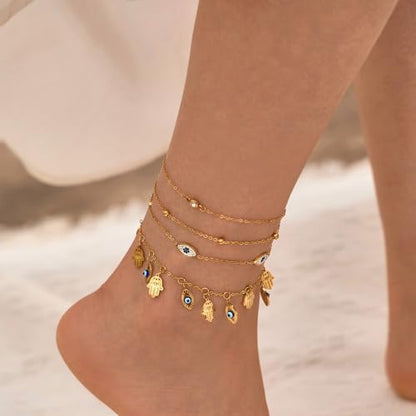 LOFITOR Anklets for Women Ankle Bracelet Charm Link Chain Set Foot | Waterproof Dainty Cz Evil Eye Beaded Anklets Adjustable Beach Foot Jewelry Feet Chains, Summer Beach Foot Jewelry Gifts - style: Evil-eye Silver