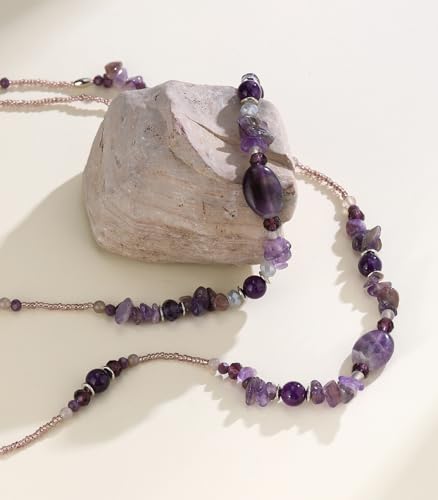 Noessla Boho Long Beaded Necklaces for Women Double Layer Chunky Irregular Stone Beads Strand Statement Jewelry Mothers Day Gifts - color: Amethyst