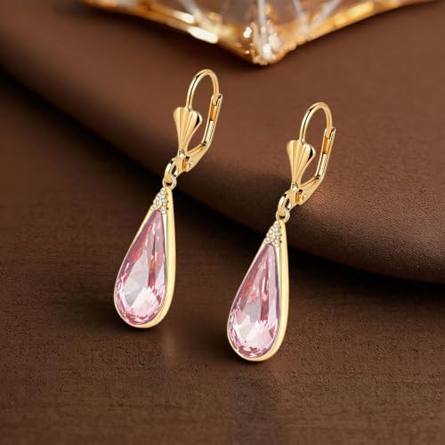 Teardrop Austrian Crystal Leverback Dangle Drop Earrings for Women | 14K Gold Plated,Classic Teardrop Elegance,Leverback for Easy Secure Wear,Gift Box Included, Brighten Up Daily and Party Looks - color: Pink