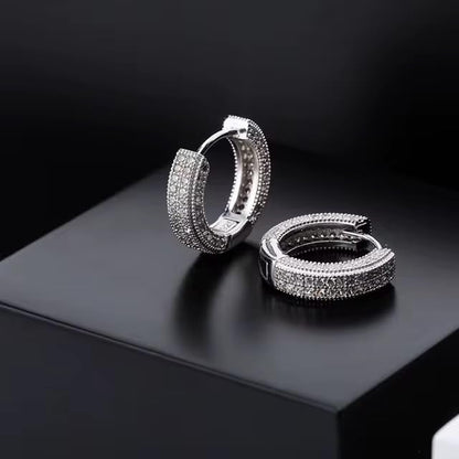 Iced Out Huggie Hoop Earrings for Men and Women, CZ Diamond Earrings, Stainless Steel Hypoallergenic Hinged Hoop Earrings - color: Silver