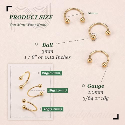 G23 Titanium 14/16/18/20G Septum Rings Horseshoe Nose Ring Jewelry | 2/3Pcs Circular Barbell Spike Lip Body Piercing Jewelry Conch Helix Tragus Earring Silver/Black 8/10/12mm 14K Gold Plated - color: Gold-3pcs, size: Balls-3pcs-18g-10mm
