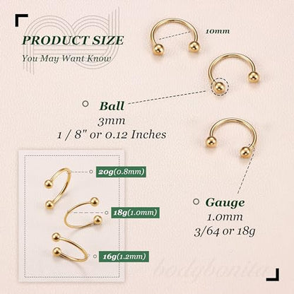 G23 Titanium 14/16/18/20G Septum Rings Horseshoe Nose Ring Jewelry | 2/3Pcs Circular Barbell Spike Lip Body Piercing Jewelry Conch Helix Tragus Earring Silver/Black 8/10/12mm 14K Gold Plated - color: Gold-3pcs, size: Balls-3pcs-18g-10mm