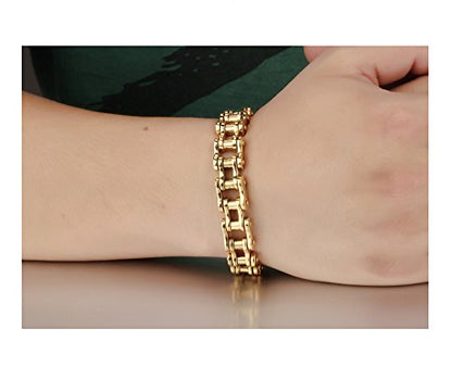 jonline24h Mens Womens Stainless Steel Motorcycle Biker Chain Heavy Bracelet Rock Link Wristband - color: Gold