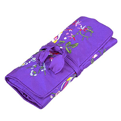 TUMBEELLUWA Embroidery Travel Jewelry Bag Roll Embroidered Flower and Bird Brocade Organizer with Tie Close - color: #7 Purple