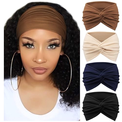 DRESHOW 4 Pack Turban Headbands for Women Wide Vintage Head Wraps Knotted Cute Hair Band Accessories - color: 4 Pcs: Black/Navy/Beige/Brown