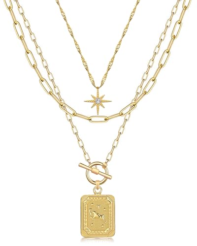 MJartoria Layered Necklaces for Women, 14K Gold Plated Brass | Star Choker, Square Birth Flower, Paperclip Chain, Trendy - color: Gold, style: ZZ-Aries