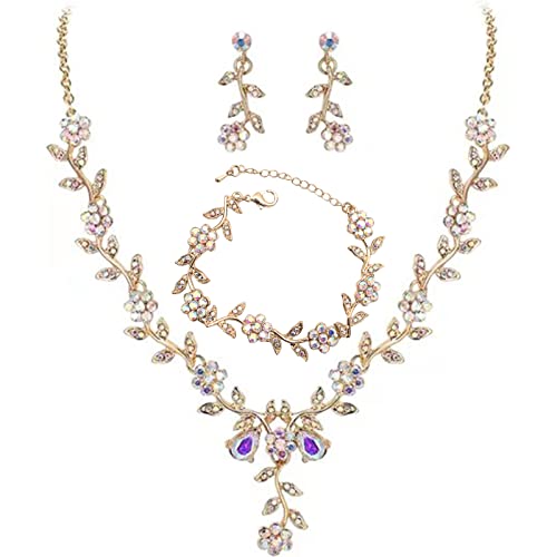 Flower Leaf Crystal Pendant Necklace Dangle Earrings Link Bracelet Bride Bridesmaid Jewelry Sets for Women Wedding Party - color: AB Crystal-Gold Plated