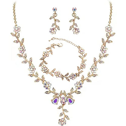 Flower Leaf Crystal Pendant Necklace Dangle Earrings Link Bracelet Bride Bridesmaid Jewelry Sets for Women Wedding Party - color: AB Crystal-Gold Plated