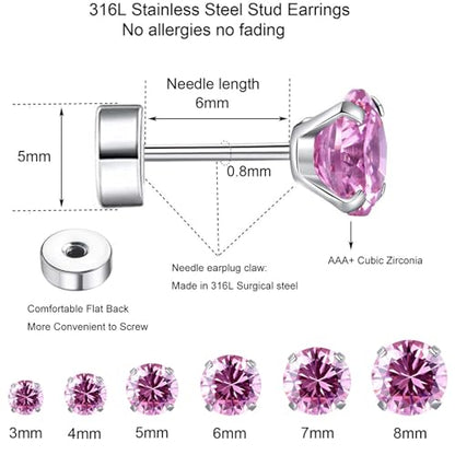 6 Pairs Surgical Steel Flat Back Earrings | CZ Stud Set | Hypoallergenic 316L Surgical Steel • Flat Back Threaded Studs for Cartilage, Helix & Lobe • 6 Mixed Sizes (3-8mm) - color: Flatback-Pink