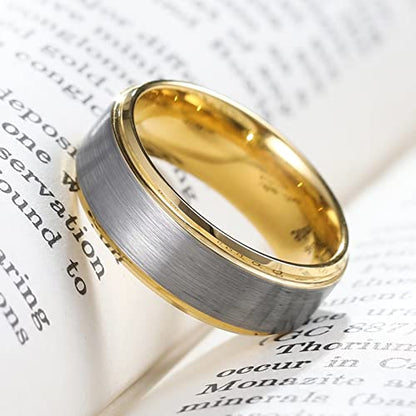 King Will Mens Brushed Wedding Band, Two Tone Matte Step Edges/Pipe Cut, Tungsten Carbide Anniversary Promise Rings Comfort Fit - color: Silver&Gold-8mm