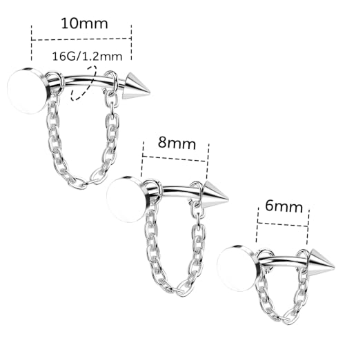3 Pcs 316L Stainless Steel 16G Tragus Helix Rook Piercing Jewelry with Chain, Cartilage Earrings for Women, Belly Button Ring Vertical Labret Lip Piercing Jewelry - color: Silver, size: Disc