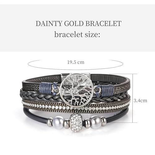 hotoo Leather Wrap Bracelets for Women Tree of Life Cuff Bracelets Pearl Rhinestone Bead Multi-Layer Bracelets Bohemian Jewelry Gift for Women - color: Gray