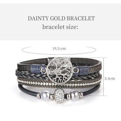 hotoo Leather Wrap Bracelets for Women Tree of Life Cuff Bracelets Pearl Rhinestone Bead Multi-Layer Bracelets Bohemian Jewelry Gift for Women - color: Gray