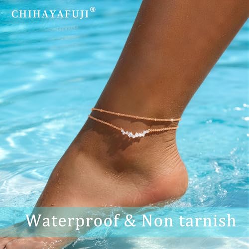 Sterling Silver Ankle for Bracelets Women 14K Gold Waterproof Layered Stackable Chain Sparkling Zircon Adjustable Non Tarnish Anklet Bracelet for Summer Beach Jewelry Gift - color: Rose GoldB