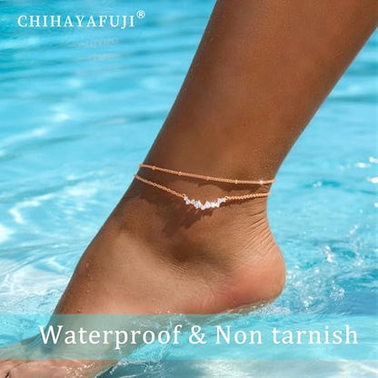 Sterling Silver Ankle for Bracelets Women 14K Gold Waterproof Layered Stackable Chain Sparkling Zircon Adjustable Non Tarnish Anklet Bracelet for Summer Beach Jewelry Gift - color: Rose GoldB