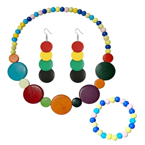 ONLYJUMP Colorful Ethnic Wooden Jewelry Set for Women Round Statement Dangle Earrings Multilayered Geometric Beaded Bracelet Necklace Exaggerated Tribal Style Jewelry - color: Colorful B