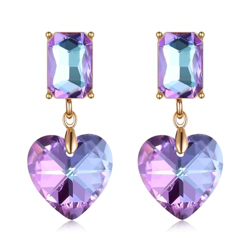 Crystal Heart Teardrop Dangle Earrings for Women Hypoallergenic Multicolor Cubic Zirconia Drop Earrings for Wedding Prom Party Daily Wear - color: Heartpurple