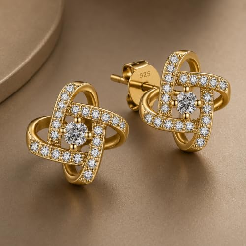 Amy & Annette Sterling Silver Love Knot Stud Earrings with Crystals | Hypoallergenic Aretes de Plata Para Mujer | 925 Sterling Silver Earring | Stud Earrings for Women | Lightweight - color: Gold