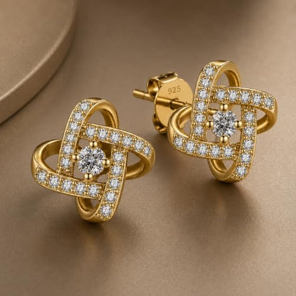 Amy & Annette Sterling Silver Love Knot Stud Earrings with Crystals | Hypoallergenic Aretes de Plata Para Mujer | 925 Sterling Silver Earring | Stud Earrings for Women | Lightweight - color: Gold