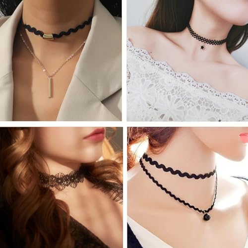 10 PCS Adjustable Layered Velvet Choker Black Gothic Lace Choker Necklace Set for Women Necklaces Velvet Punk Jewelry Accessories Soft Collar Chain for Party Cosplay Daily Wear