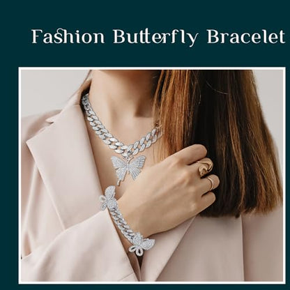 3 Pcs Butterfly Cuban Jewelry Set Cuban Link Chain Necklace for Women Rhinestone Pendant Necklace Bracelet Large Hoop - color: Silver, style: Classic