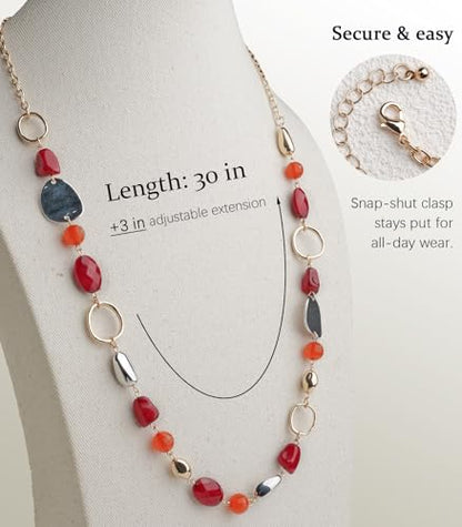 Long Gold Boho Necklaces for Women Beaded Statement Chain Long Necklace Gold Costume Jewelry Birthday Gifts for Her - color: 93-Dark Red