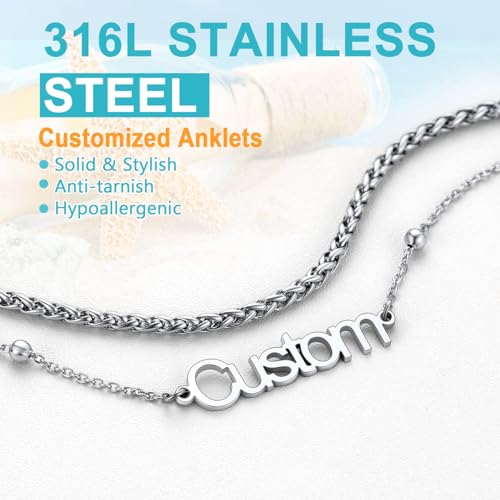 U7 Custom Layered Ankle Bracelets for Women Stainless Steel Bead/Cuban/Figaro/Rope/Wheat Chain Anklet Waterproof Anklet Jewelry for Beach Vacation - color: b-Silver-Wheat Chain
