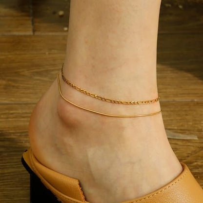Gold Plated Ankle Bracelets For Women Waterproof,18k Gold Plated Anklets Layered Thin Snake Chain Herringbone Anklets Non Tarnish Stainless Steel Dainty Summer Jewelry Set Gift For Women - color: GOLD-2901