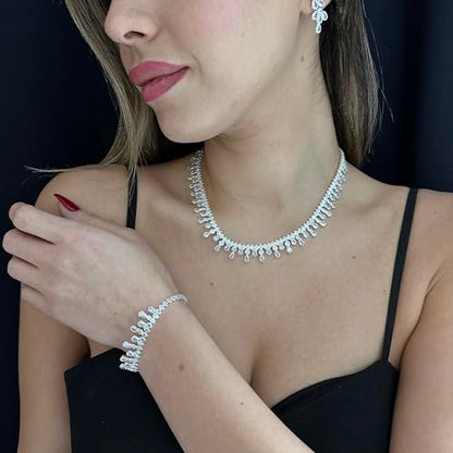 Bride Jewelry Set Silver Crystal Wedding Necklace Earrings Bracelet Set - Bridal Rhinestone Brass Pendant Accessories for Women and Bridesmaids - style: Jewelry Set 10