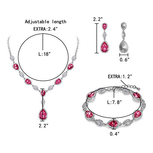 EleQueen Women's Wedding Bridal Jewelry Sets for Brides Bridesmaids, Cubic Zirconia Teardrop Necklace Tennis Bracelet Dangle Earrings Jewellery Set - color: 08-Pink Color Clear-Tone