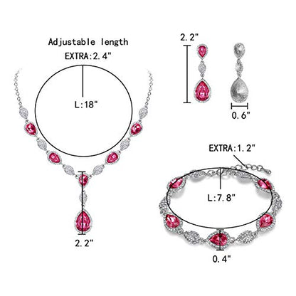 EleQueen Women's Wedding Bridal Jewelry Sets for Brides Bridesmaids, Cubic Zirconia Teardrop Necklace Tennis Bracelet Dangle Earrings Jewellery Set - color: 08-Pink Color Clear-Tone