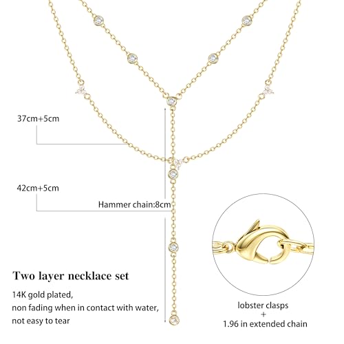 Dochais Dainty Gold Layered Necklace for Women, 14K Gold Plated Y Necklace & Chain, Dainty Lariat Long Necklaces, Trendy Cubic Zirconia Choker, Sun, Heart, Pearl & Cross Pendant Necklace, Jewelry Gift - color: Y Layered CZ Necklace-GD