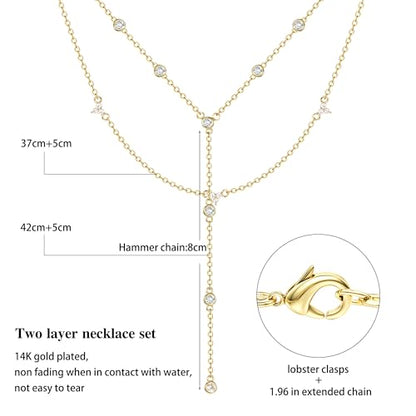 Dochais Dainty Gold Layered Necklace for Women, 14K Gold Plated Y Necklace & Chain, Dainty Lariat Long Necklaces, Trendy Cubic Zirconia Choker, Sun, Heart, Pearl & Cross Pendant Necklace, Jewelry Gift - color: Y Layered CZ Necklace-GD