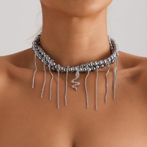 Gold Statement Choker Necklace for Women – Trendy Silver Long Layered Snake Chain Drop Necklace, Elegant Prom Party Jewelry Gift, Delicate Accessories for Her - color: E-Serpentine pendant tassel texture collarbone chain necklace