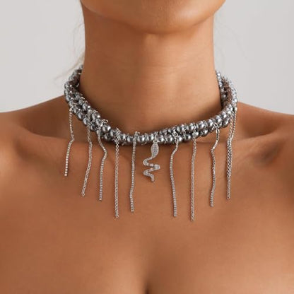 Gold Statement Choker Necklace for Women – Trendy Silver Long Layered Snake Chain Drop Necklace, Elegant Prom Party Jewelry Gift, Delicate Accessories for Her - color: E-Serpentine pendant tassel texture collarbone chain necklace