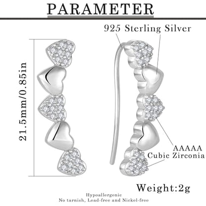 Heart Climber Earrings for Women 925 Sterling Silver White/Yellow/Rose Gold Plated Cubic Zirconia Ear Crawler Earrings Jewelry - color: White