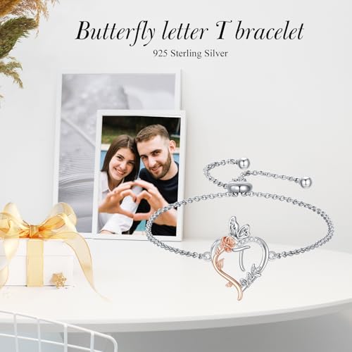 TOUPOP Gifts for Women Rose Heart Initial Bracelet 925 Sterling Silver Butterfly Letter Link Bracelet Love Jewelry Anniversary Birthday Gifts for Wife Girlfriend Mom Her - style: Initial T