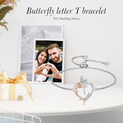 TOUPOP Gifts for Women Rose Heart Initial Bracelet 925 Sterling Silver Butterfly Letter Link Bracelet Love Jewelry Anniversary Birthday Gifts for Wife Girlfriend Mom Her - style: Initial T
