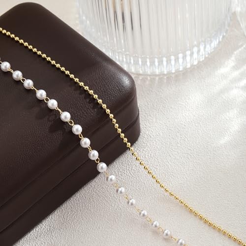 Gold Ankle Bracelets for Women, Dainty 14K Gold Plated Anklets for Women Waterproof Cuban Link Chain Pearl Anklet Set Trendy Layered Stackable Ankle Bracelet Non Tarnish Jewelry for Her - color: A0111