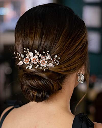 SWEETV Hair Comb, Handmade Rose Gold Bridal Hair Accessory for Weddings and Brides - 4.72 * 2.75 Inch, 2.Rose Gold | Handmade Gold Hair Piece Wedding Hair Accessories, Bridal Hair Comb Bridal Hair Pieces Wedding Hair Clip 4.72 * 2.75 Inch - color: 2.Rose