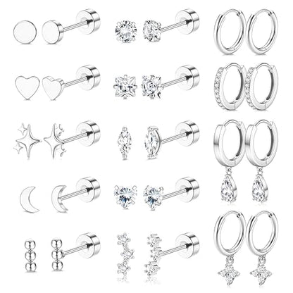 Florideco Hypoallergenic Flat Back Earrings for Women 14K Gold Plated Surgical Steel Stud Hoop Earrings for Sensitive Ears Stainless Steel Earrings Flatback Stud Cartilage Earring Set - color: Silver Plated Tone