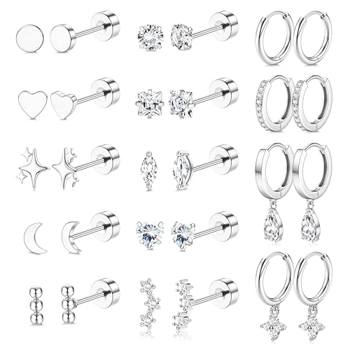 Florideco Hypoallergenic Flat Back Earrings for Women 14K Gold Plated Surgical Steel Stud Hoop Earrings for Sensitive Ears Stainless Steel Earrings Flatback Stud Cartilage Earring Set - color: Silver Plated Tone