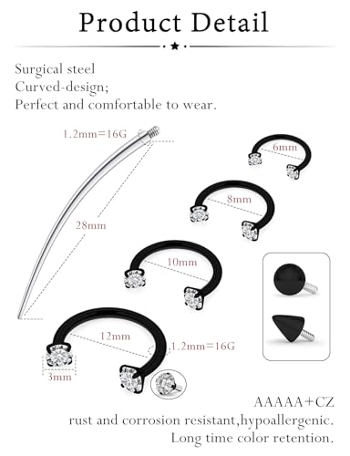 Oufksiyy Horseshoe Nose Ring Surgical Steel internal thread Double Gem Stud Nose Rings 16g Black Gold Lip Rings Cubic Zirconia Daith Septum Piercing Jewelry for Women Inner Diameter 6/8/10/12mm - color: black horseshoe rings 16G 6-12MM