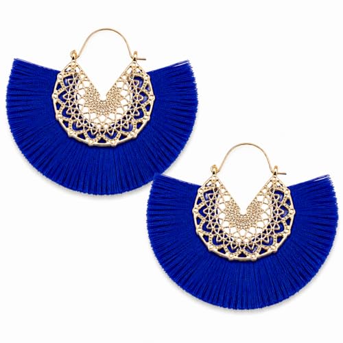 Tassel Hoop Earring Statement Thread Dangle Earrings Stylish Long Fringe Drop Earrings Lightweight Long Swingy French Hook Earrings for Women - color: A Sapphire Blue